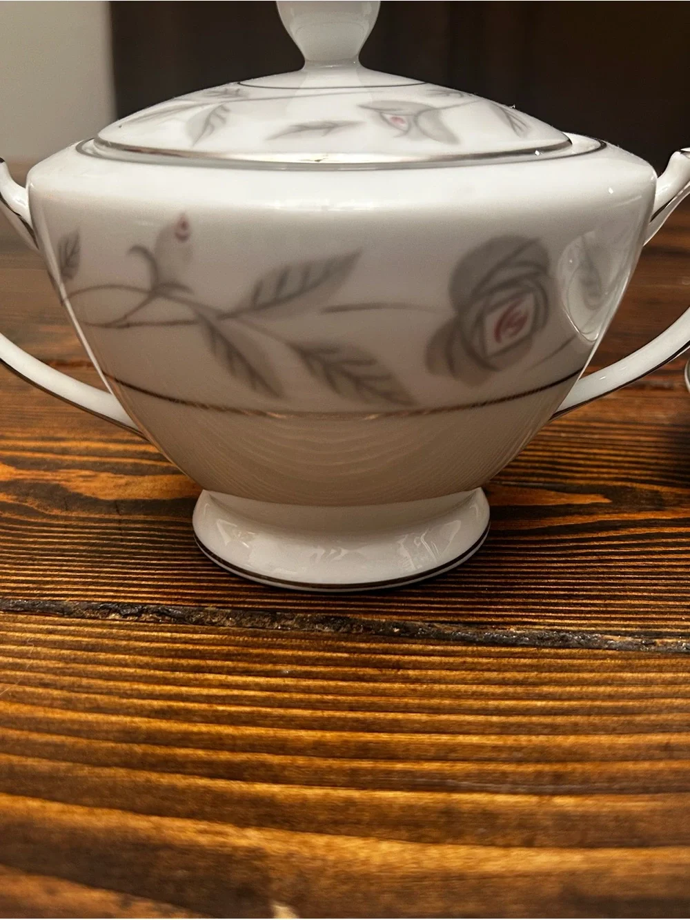 White Porcelain Tea Service with Silver Rose Trim